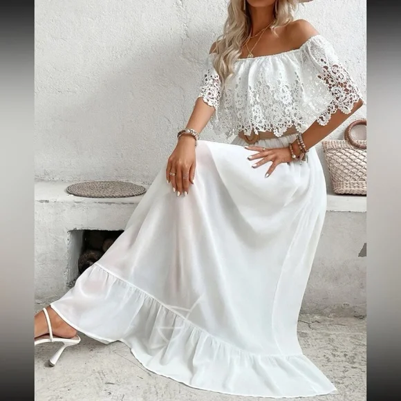 Boho white off shoulder lace ruffle hem maxi dress - Picture 2 of 6
